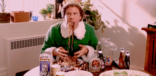 Elf binge eating carbs, sugars, and candy.