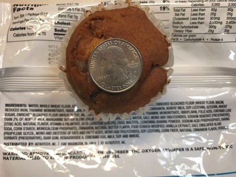Here's a typical diet meal delivery breakfast; it's a tiny muffin barely larger in diameter than a quarter and it's stuffed with all sorts of sugars and processed ingredients.