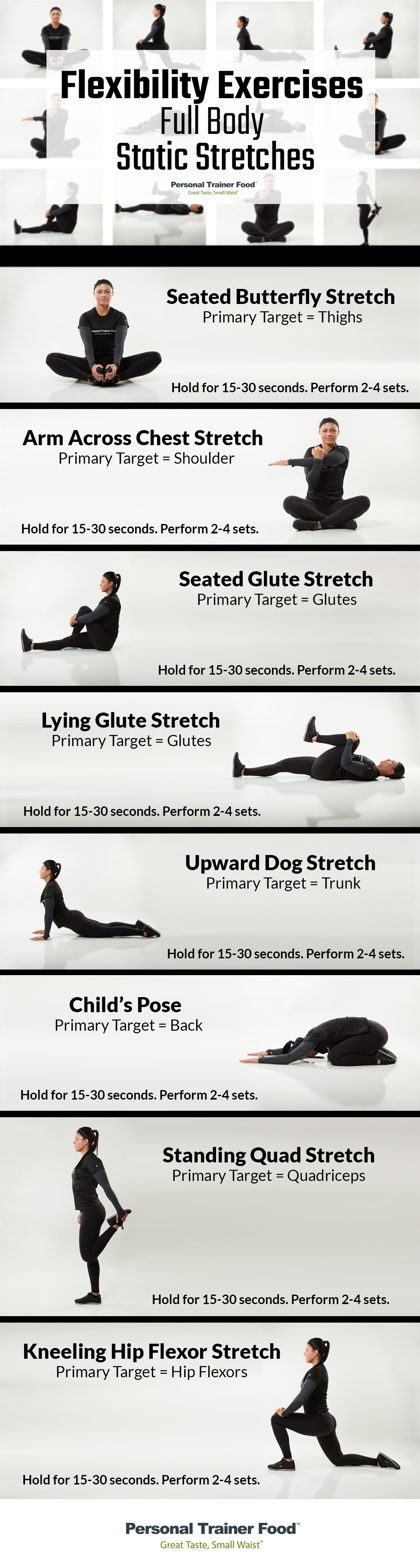 8 Full Body stretching routine you can do anywhere, anytime, step by step infographic from Personal Trainer Food.