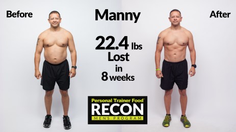 Manny's before and after PTF shots, lost 22.4 pounds in 8 weeks. Now you can see his abs!