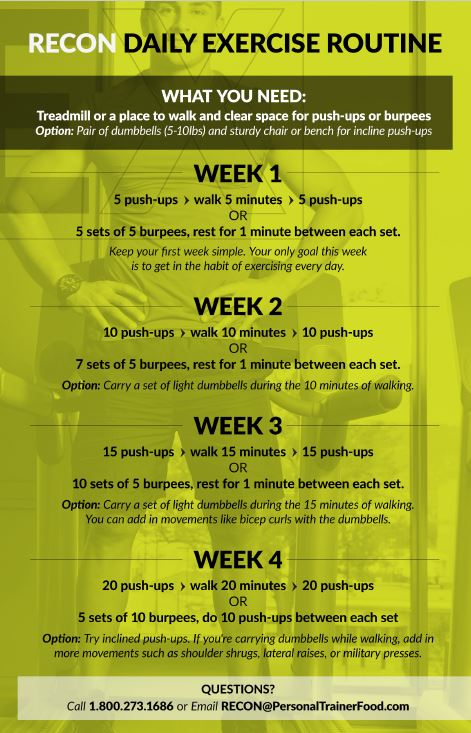 Personal Trainer Food's RECON daily exercise is easy to do, builds strength and lean muscle while you incinerate fat.