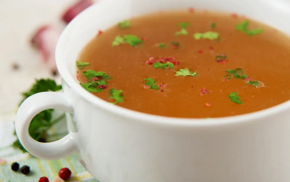 A bowl of savory broth.