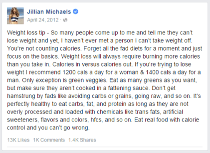 Jillian Michaels of the Biggest Loser tells us to count calories for fat loss; it's just wrong!